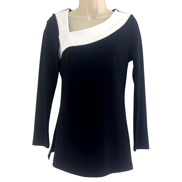 Boston Proper Beyond Travel Black Ivory Asymmetric Neckline Top Shirt Size XS - Picture 1 of 8